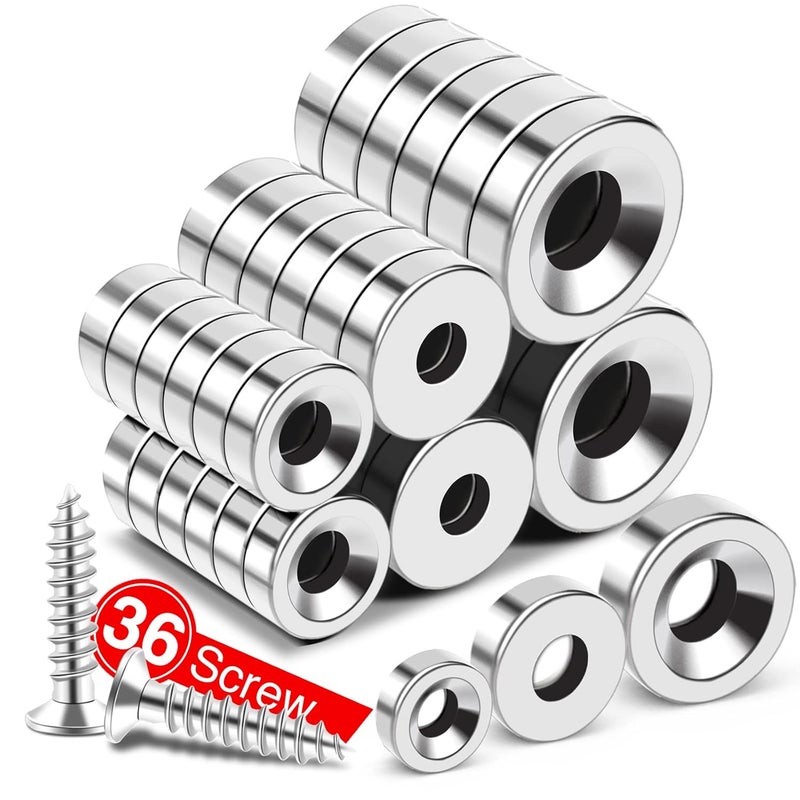 MIKEDE 36pcs Heavy Duty Rare Earth Magnets - 3 Sizes, Neodymium Disc Magnets with Hole for Locker, Tool Storage, DIY, Crafts (Screws Included) - Image 1